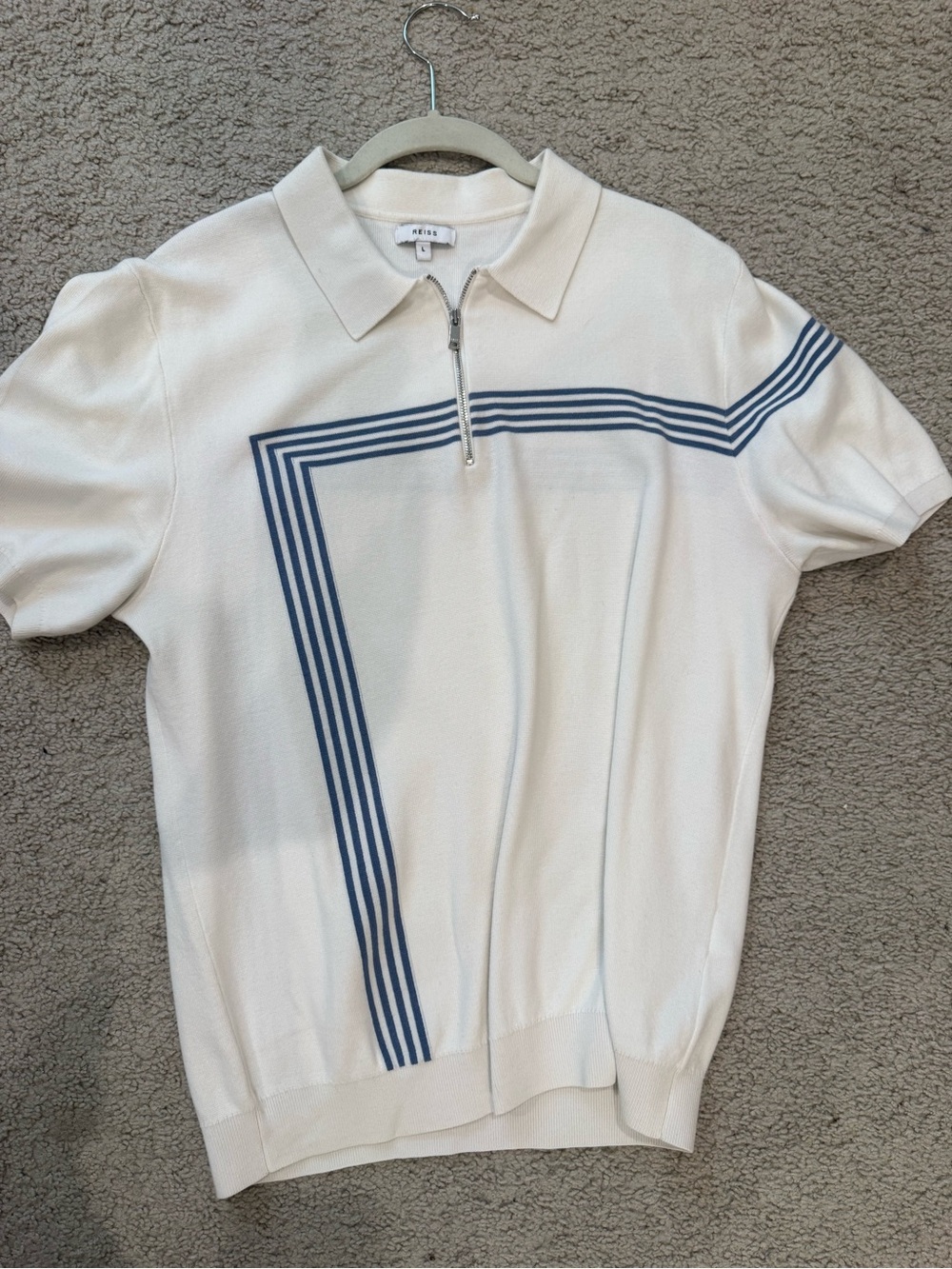 Reiss Cream Zip Polo Sweater with Blue Stripe